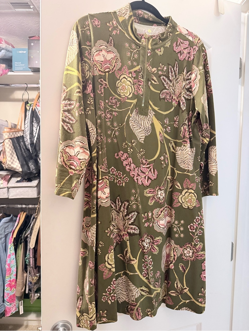 Spartina Olive Floral Long Sleeve A-Line Dress